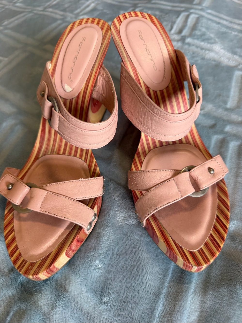 Fornarina Pink/Peach Leather Strappy Platform Mules. Y2K